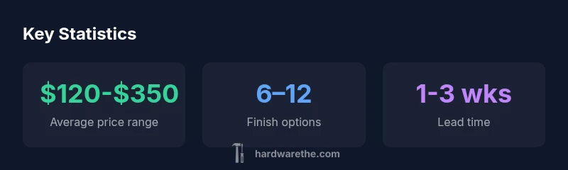 Infographic showing Emtek knob statistics for price, finishes, and lead time.