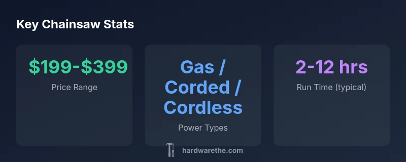 Infographic showing price range, power types, and typical run time for chainsaws