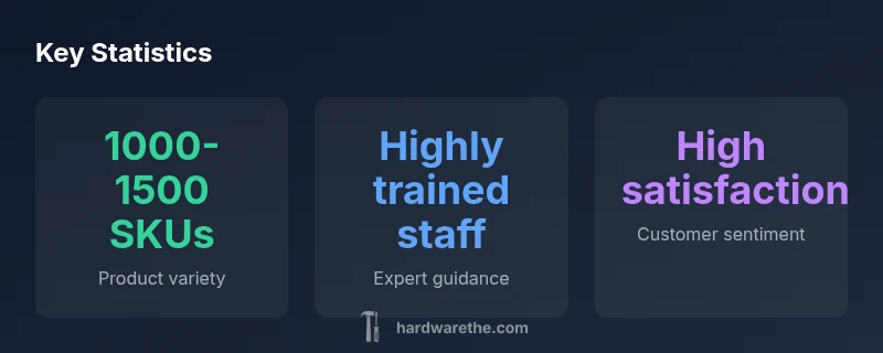 Stats infographic showing product variety, staff expertise, and customer sentiment at Beverly Hills Ace Hardware