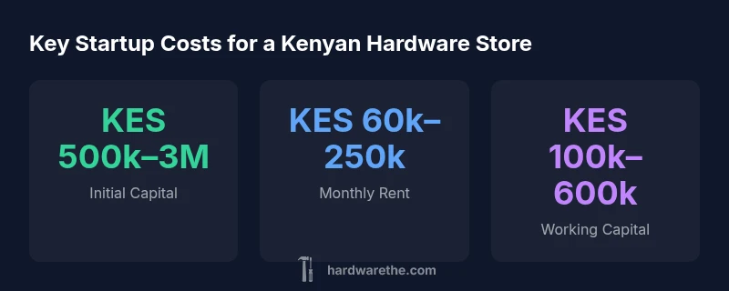Tailwind-styled infographic showing startup costs for a Kenyan hardware store