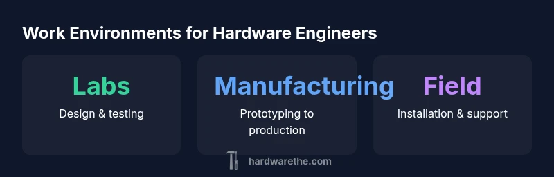 Infographic showing labs, manufacturing, and field work environments for hardware engineers