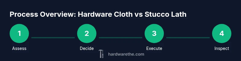 Tailwind-styled process infographic showing assess, decide, execute, inspect stages for hardware cloth in stucco lath