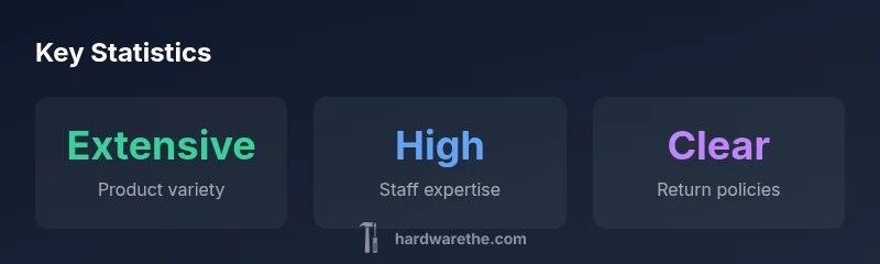 Stat cards showing product variety, staff expertise, and return policies at Ace Hardware Garden City.